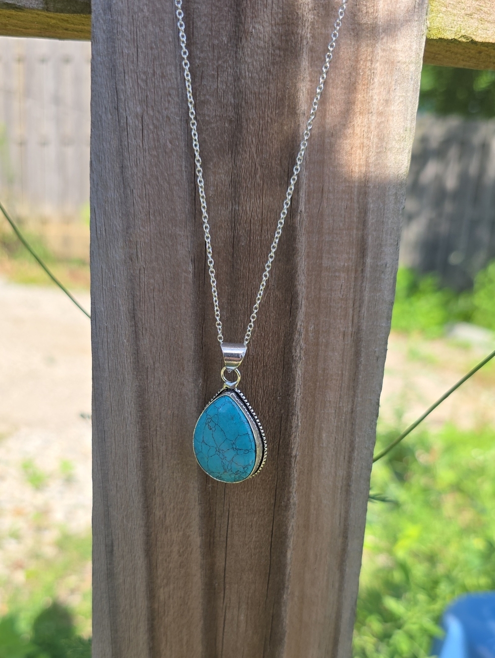 Handmade Vintage Sterling Silver Turquoise Teardrop Necklace